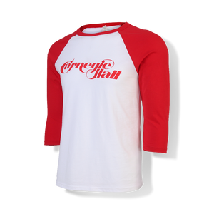 A raglan shirt with red sleeves and white body, featuring the words "Carnegie Hall" in red lettering. 