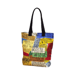 Bicast leather tote with historical tickets design and long black handles