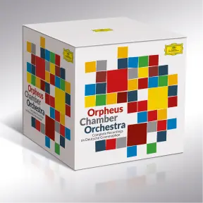 A white box set featuring the Orpheus Chamber Orchestra’s complete recordings on Deutsche Grammophon. The packaging is decorated with a colorful mosaic of red, yellow, blue, and green squares, and displays the Deutsche Grammophon logo in the top corner.