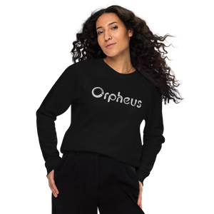 A woman wearing a black sweatshirt that says "Orpheus"