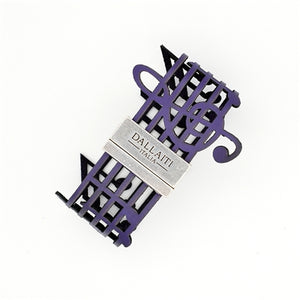A purple bracelet featuring a musical score with a metal clasp that says "DALLAITI ITALIA"