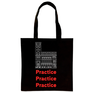 A black tote bag with a line art rendering of the facade of Carnegie Hall, above the words "Practice Practice Practice" in red. 