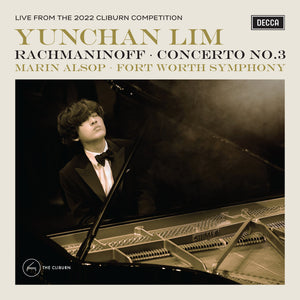 Album cover of Yunchan Lim' Rachmaninoff Concerto No. 3, featuring a back and white image of Yunchan Lim seated at a piano. 