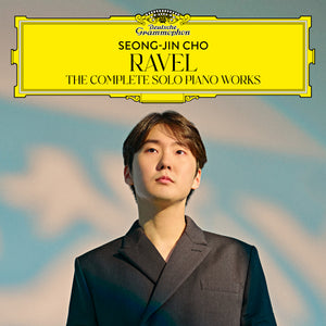CD cover art of Seong-Jin Cho Ravel, featuring Seong-Jin Cho against a blue background. 